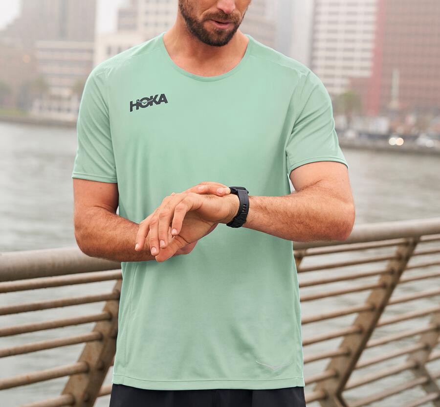 Haut Hoka One One Performance Short Sleeve Homme - Vert - CRK-684521